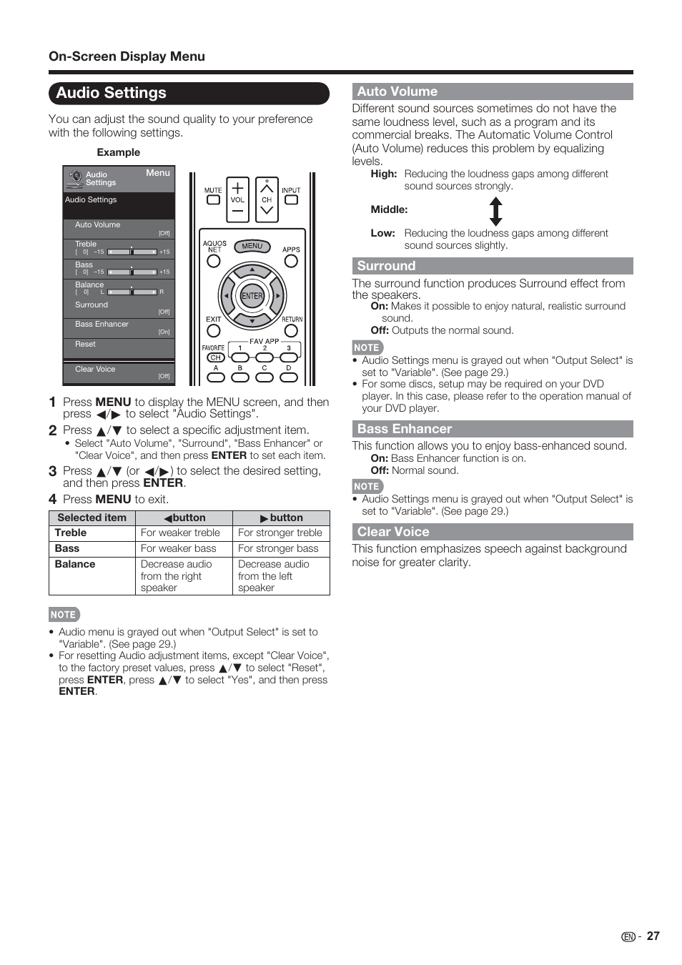 Audio settings, On-screen display menu, Auto volume | Surround, Bass enhancer, Clear voice | Sharp AQUOS 10P06-MX-NM User Manual | Page 29 / 79