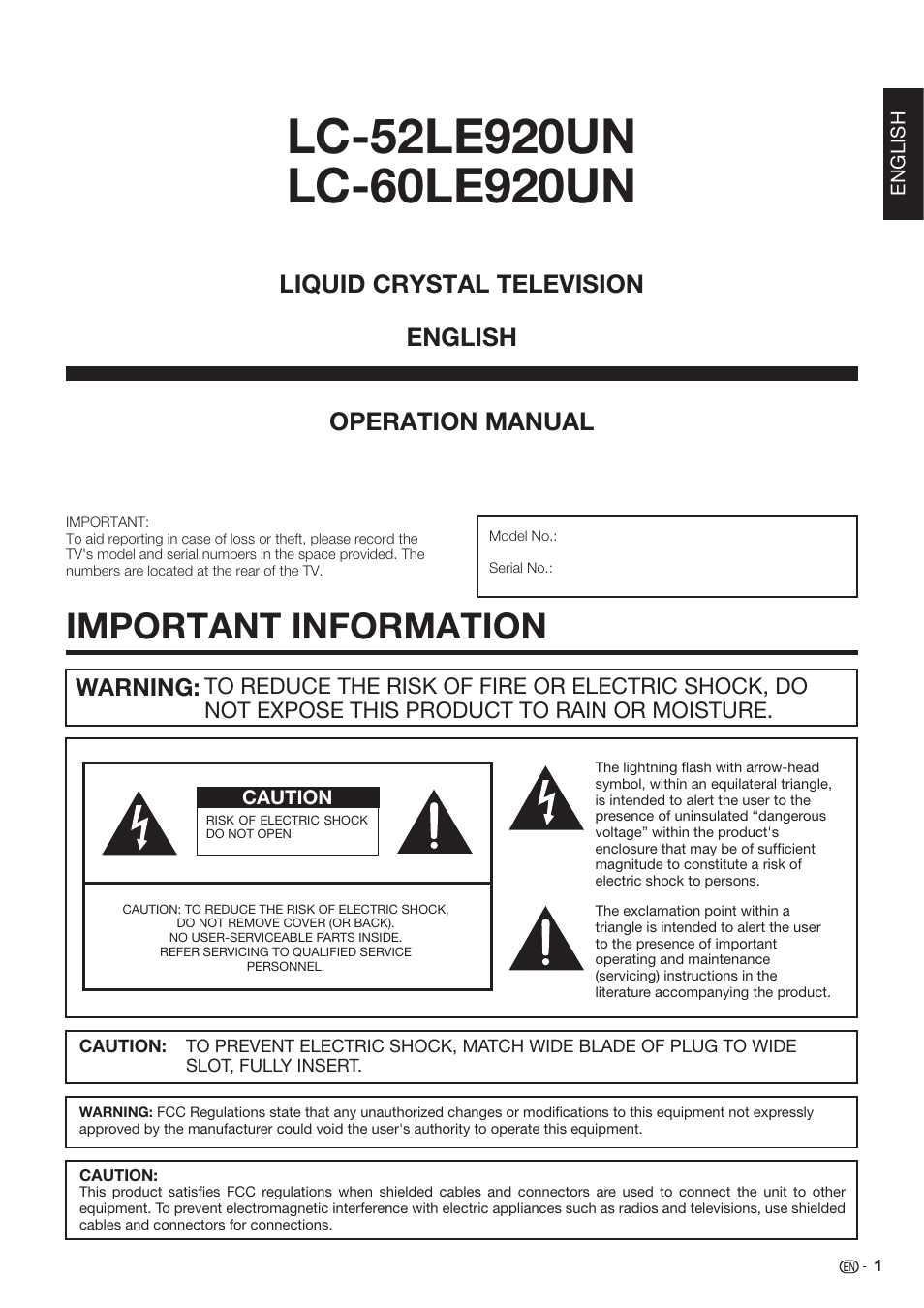 Important information, Operation manual, Liquid crystal television english | Warning | Sharp AQUOS 10P06-MX-NM User Manual | Page 3 / 79