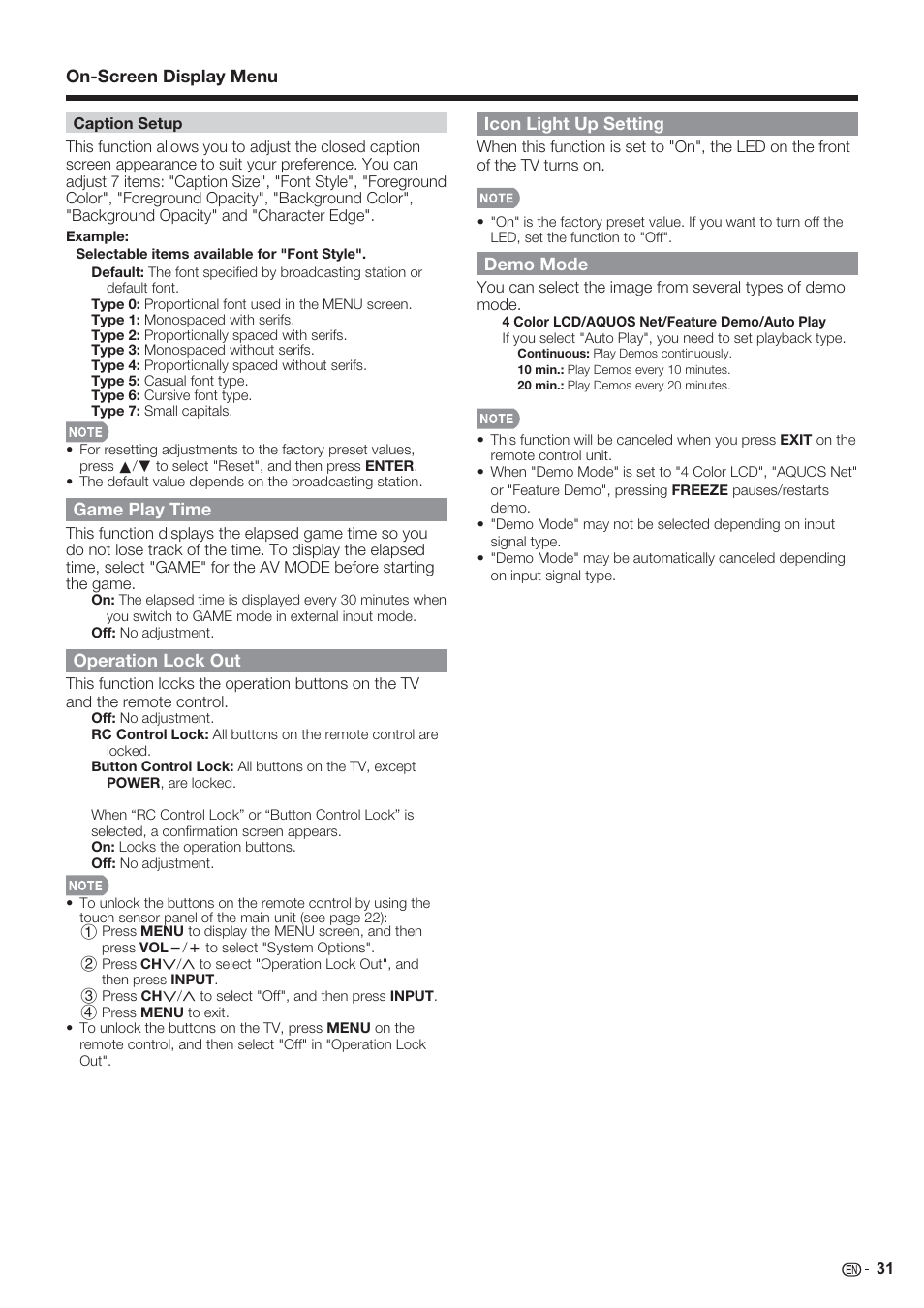 Game play time, Operation lock out, Icon light up setting | Demo mode, On-screen display menu | Sharp AQUOS 10P06-MX-NM User Manual | Page 33 / 79