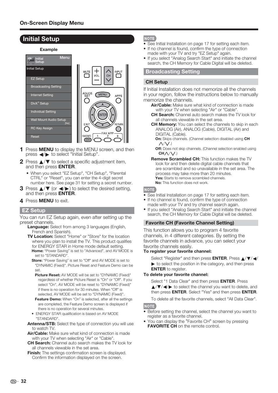 Initial setup, Ez setup, Broadcasting setting | On-screen display menu | Sharp AQUOS 10P06-MX-NM User Manual | Page 34 / 79