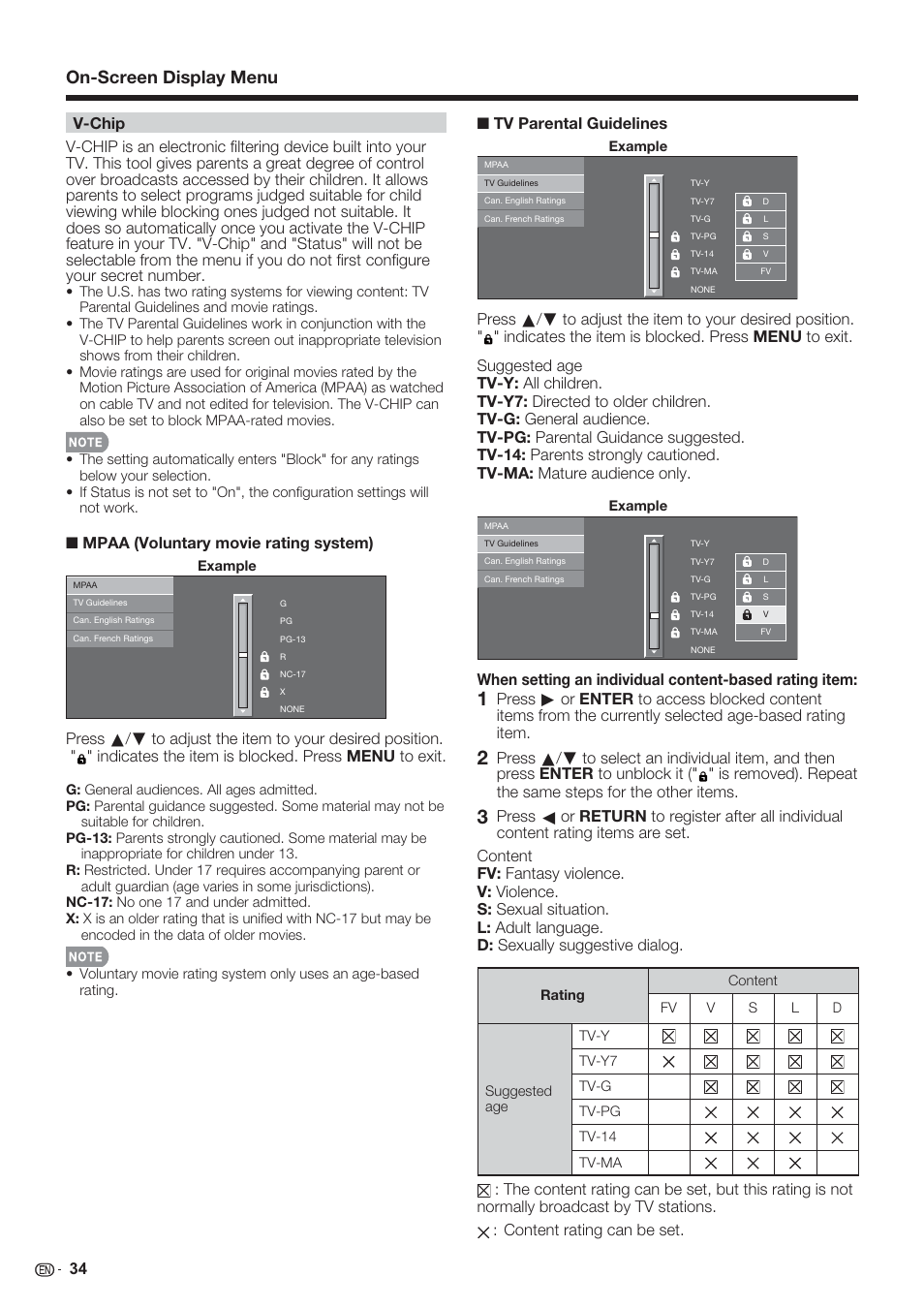 On-screen display menu | Sharp AQUOS 10P06-MX-NM User Manual | Page 36 / 79