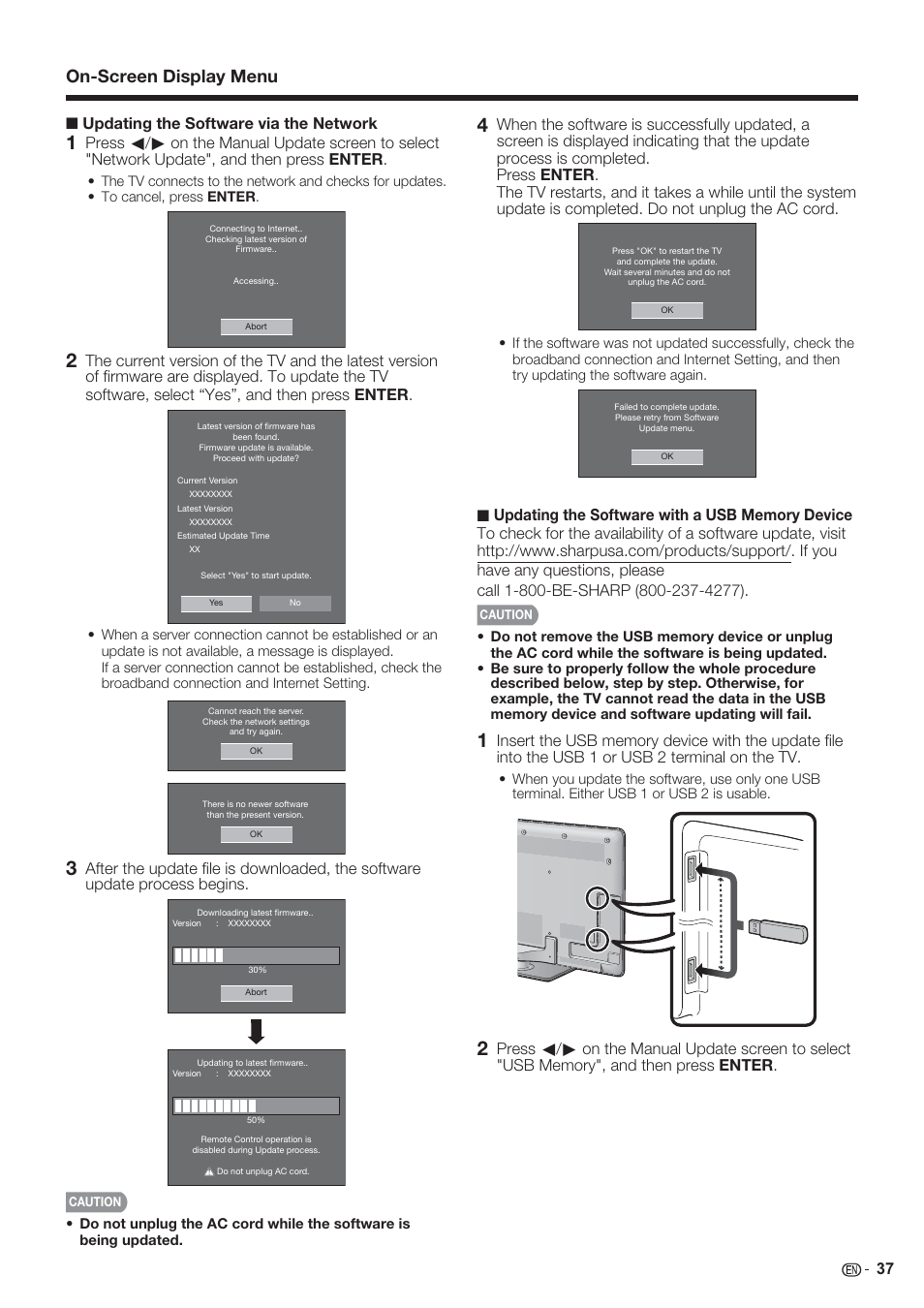 On-screen display menu, 37 ■ updating the software via the network | Sharp AQUOS 10P06-MX-NM User Manual | Page 39 / 79