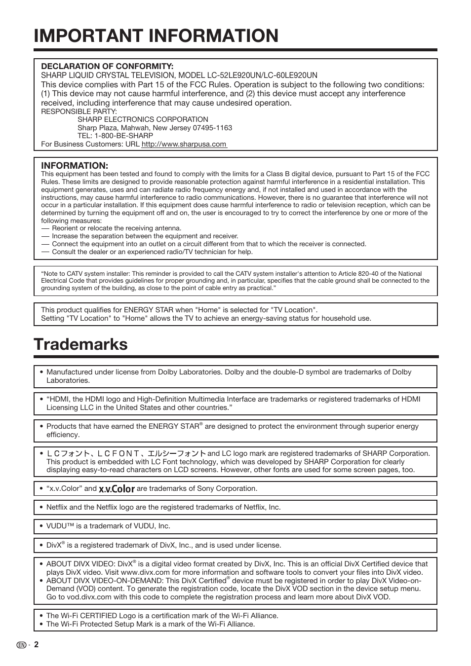 Important information, Trademarks | Sharp AQUOS 10P06-MX-NM User Manual | Page 4 / 79