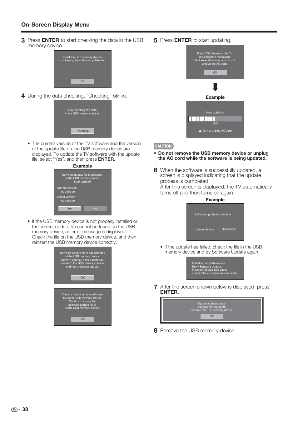 On-screen display menu, During the data checking, “checking” blinks, Press enter to start updating | Sharp AQUOS 10P06-MX-NM User Manual | Page 40 / 79