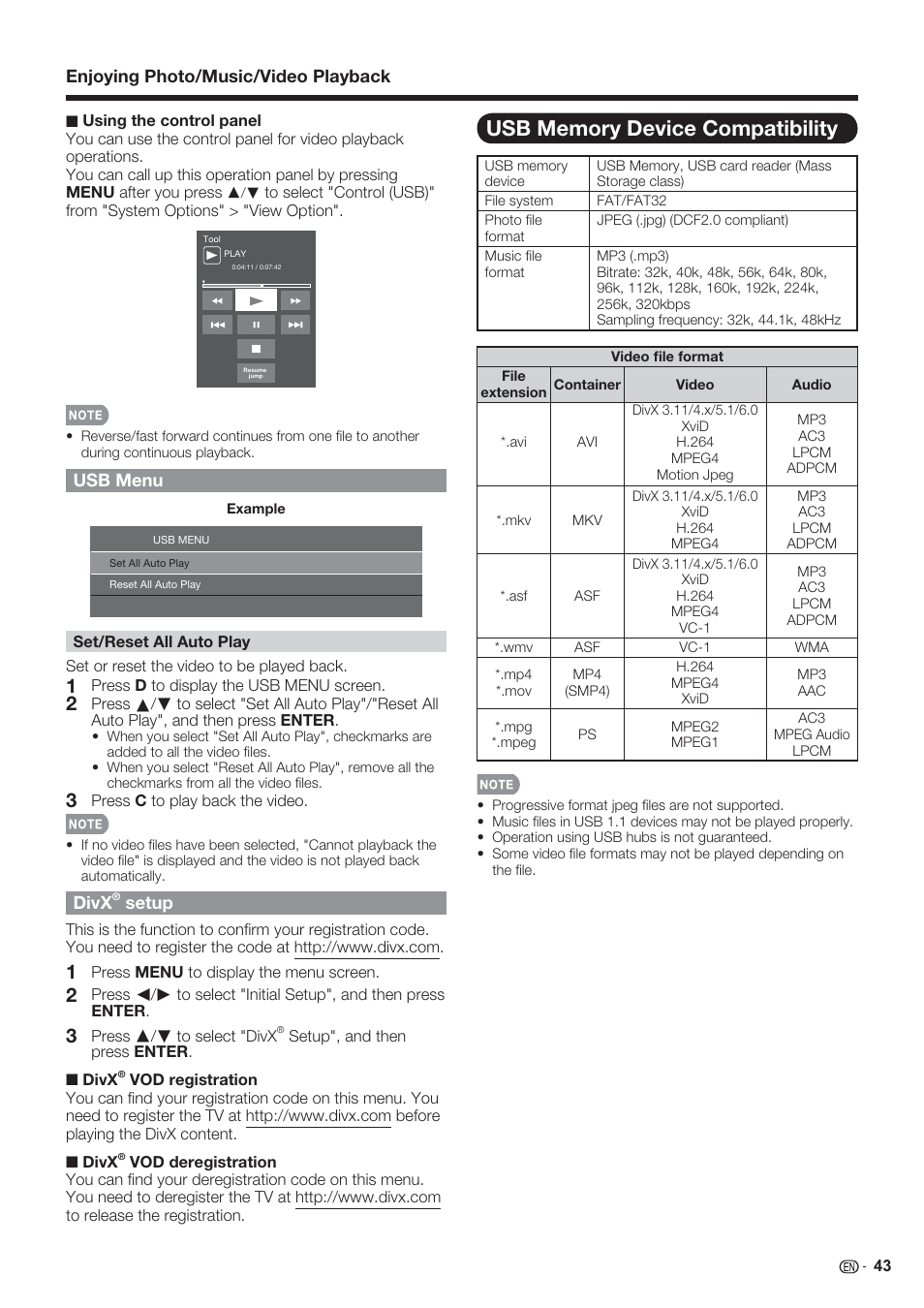 Usb menu, Divx, Setup | Enjoying photo/music/video playback | Sharp AQUOS 10P06-MX-NM User Manual | Page 45 / 79