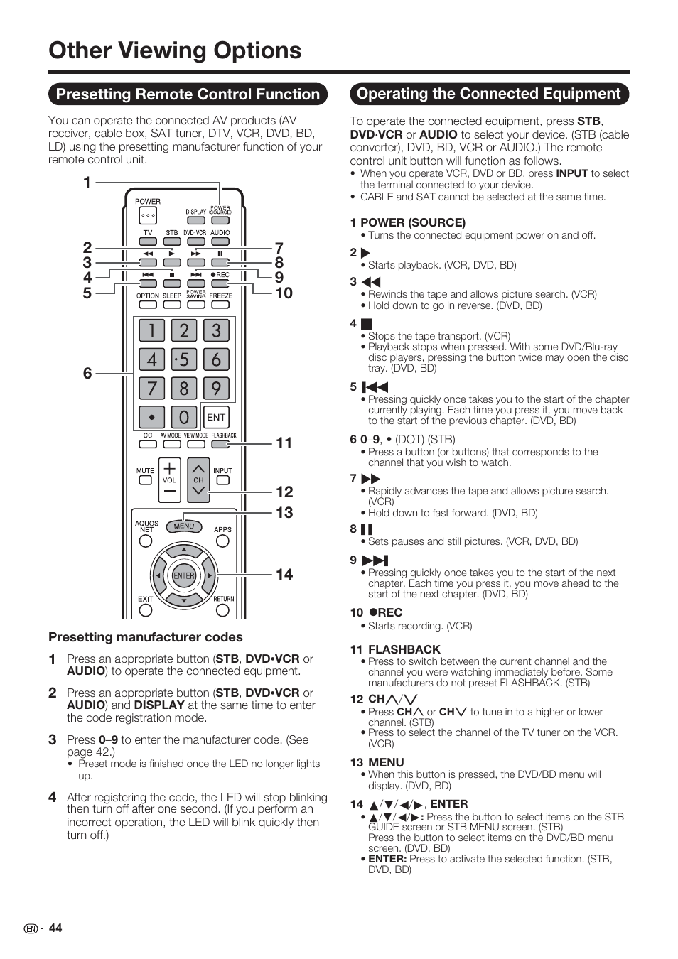 Other viewing options, Presetting remote control function, Operating the connected equipment | Sharp AQUOS 10P06-MX-NM User Manual | Page 46 / 79