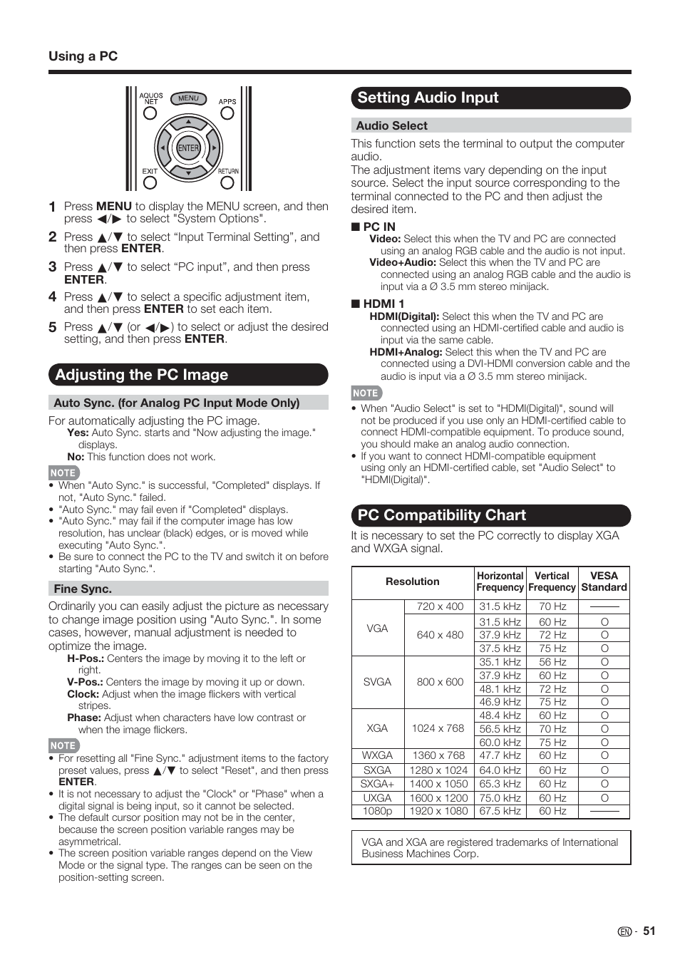 Adjusting the pc image, Setting audio input, Pc compatibility chart | Sharp AQUOS 10P06-MX-NM User Manual | Page 53 / 79