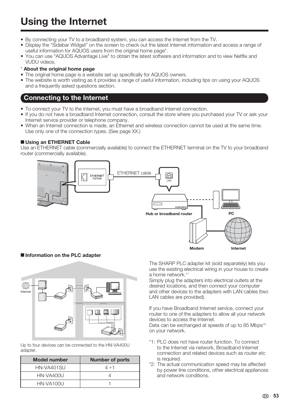 Using the internet, Connecting to the internet | Sharp AQUOS 10P06-MX-NM User Manual | Page 55 / 79