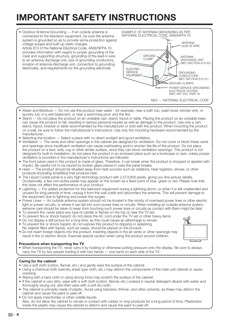 Important safety instructions | Sharp AQUOS 10P06-MX-NM User Manual | Page 6 / 79