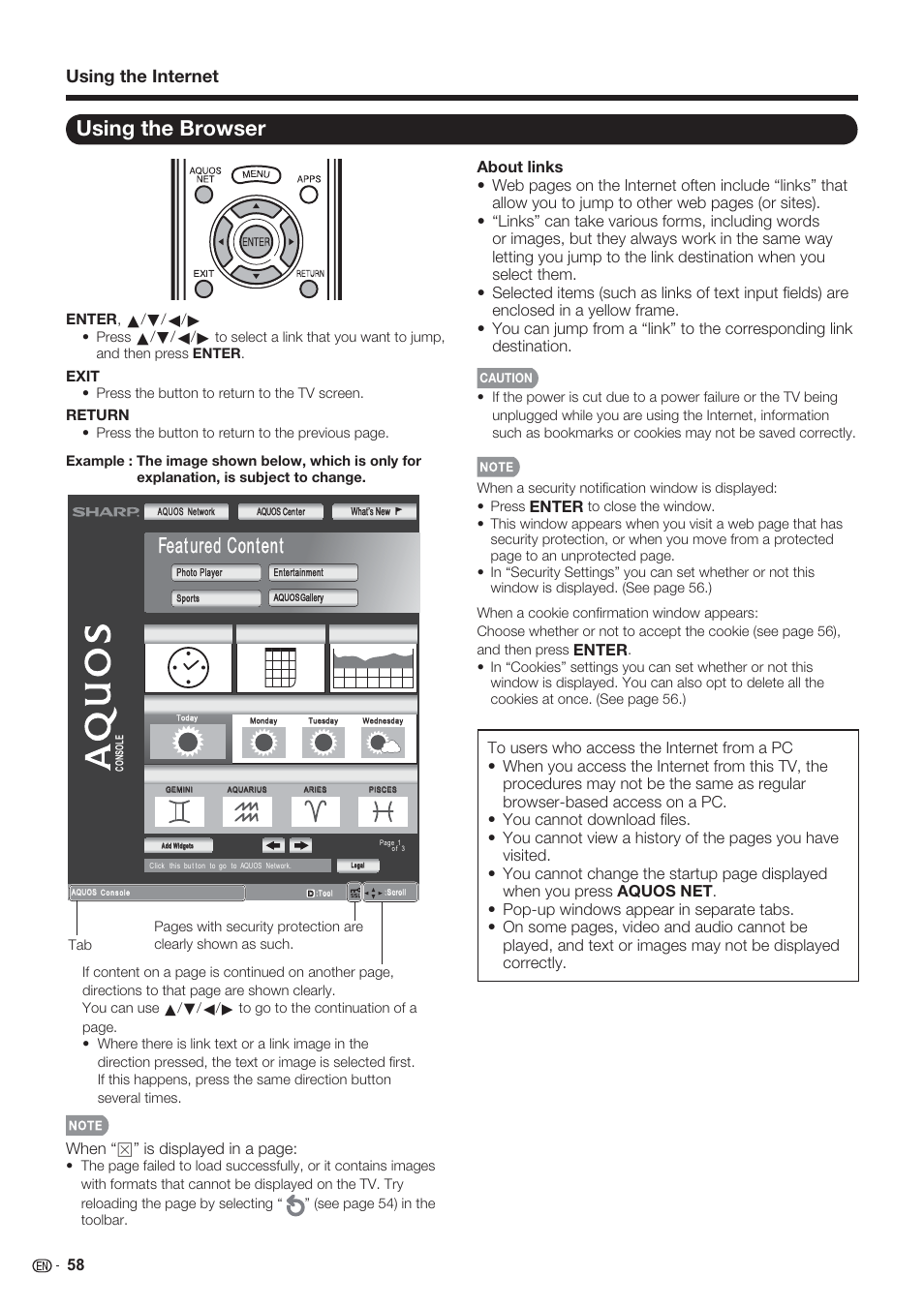 Using the browser, Fea eat ured c ured content, Using the internet | Enter, When, Is displayed in a page | Sharp AQUOS 10P06-MX-NM User Manual | Page 60 / 79