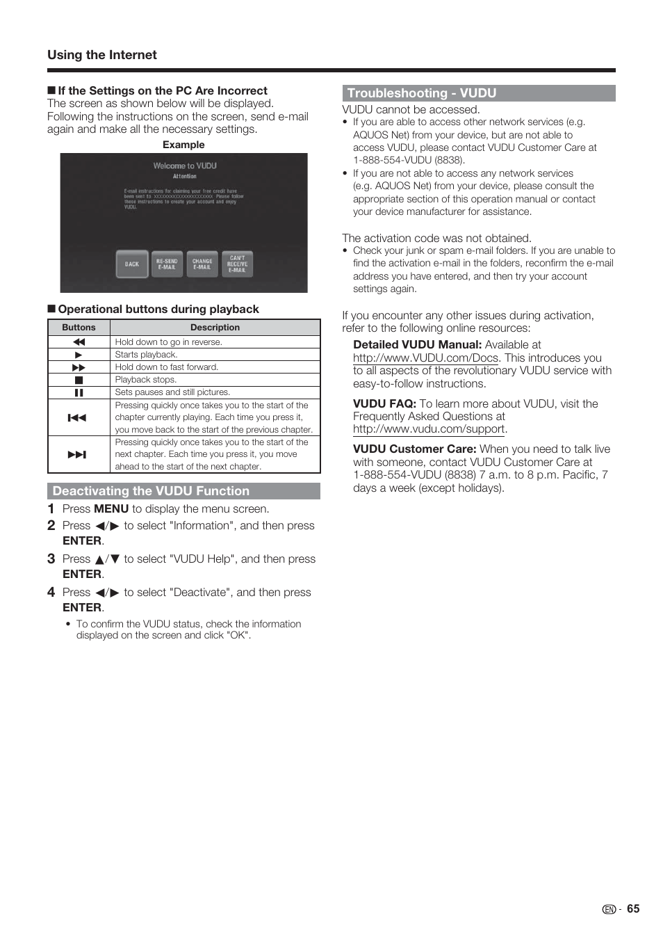 Using the internet, Deactivating the vudu function, Troubleshooting - vudu | Sharp AQUOS 10P06-MX-NM User Manual | Page 67 / 79