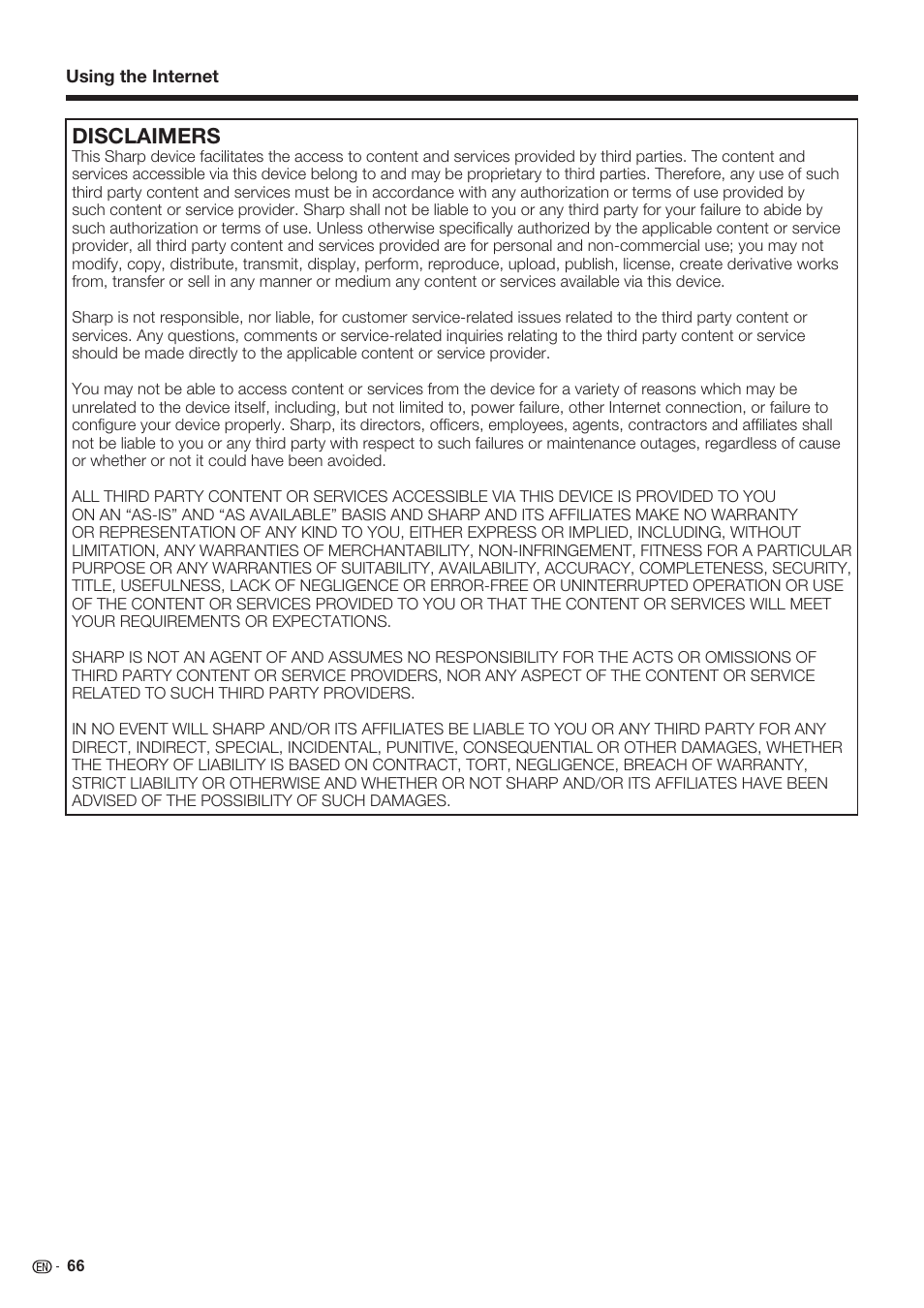 Disclaimers | Sharp AQUOS 10P06-MX-NM User Manual | Page 68 / 79