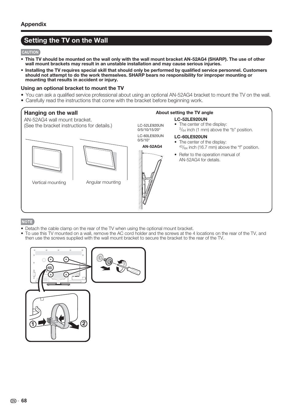 Setting the tv on the wall | Sharp AQUOS 10P06-MX-NM User Manual | Page 70 / 79