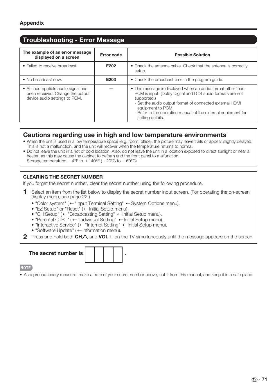 Troubleshooting - error message | Sharp AQUOS 10P06-MX-NM User Manual | Page 73 / 79