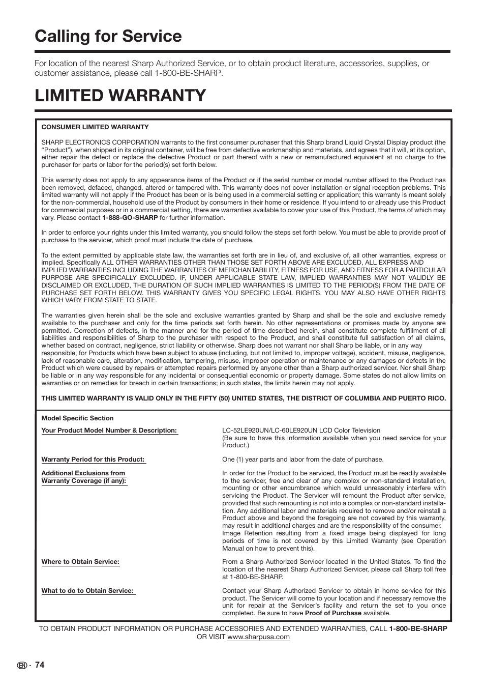 Calling for service limited warranty | Sharp AQUOS 10P06-MX-NM User Manual | Page 76 / 79