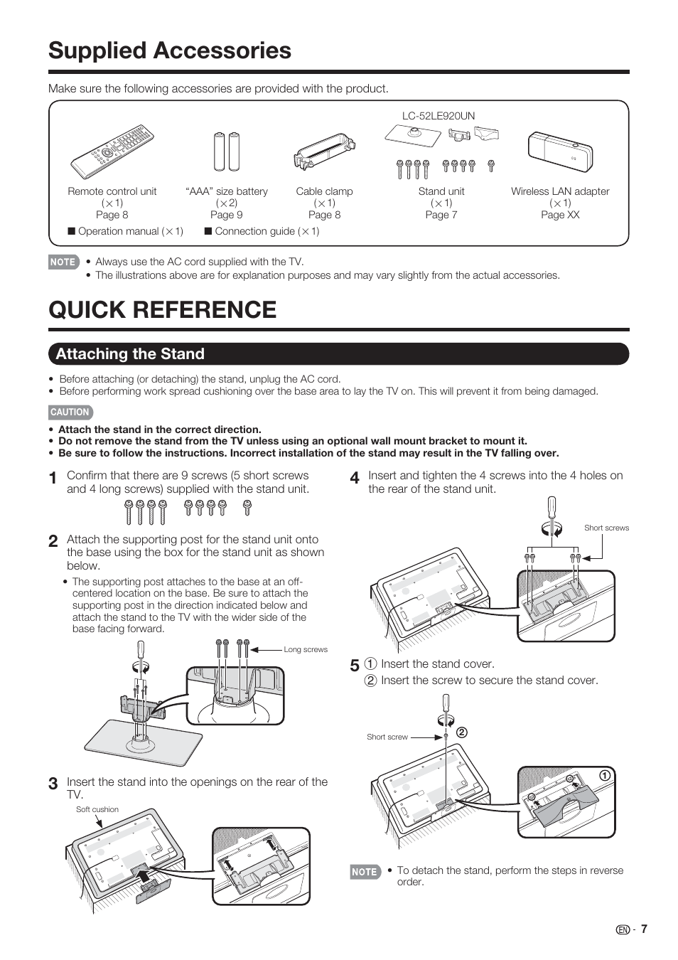 Supplied accessories, Quick reference, Attaching the stand | Sharp AQUOS 10P06-MX-NM User Manual | Page 9 / 79