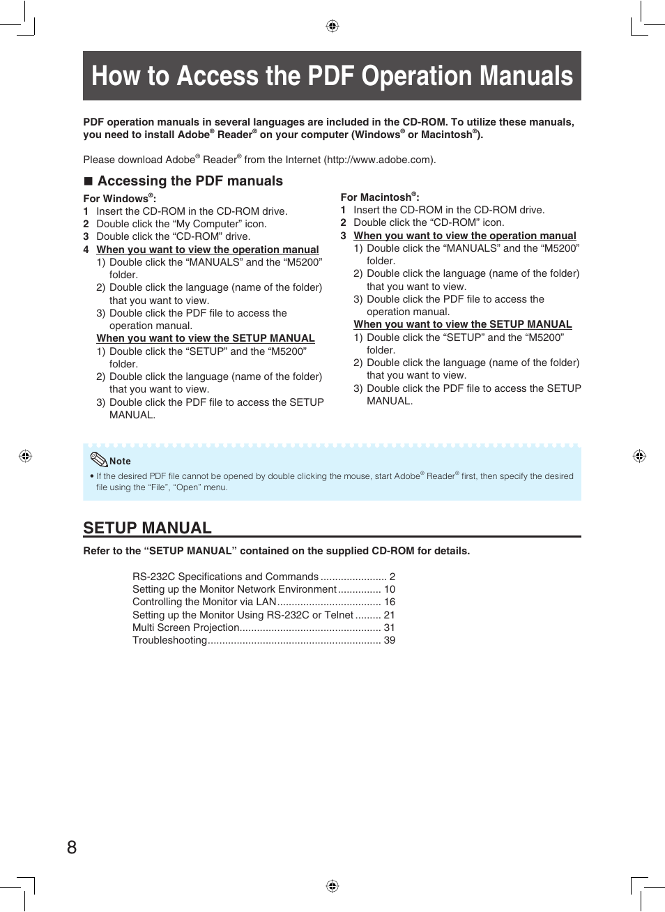 How to access the pdf operation manuals, Setup manual, Accessing the pdf manuals | Sharp TL-M5200 User Manual | Page 10 / 76