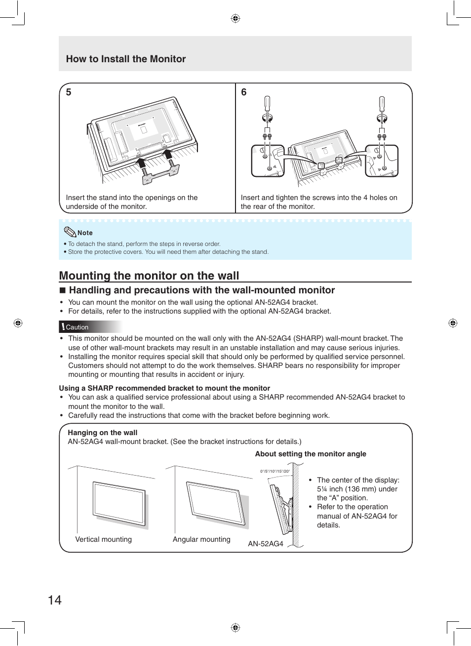 Mounting the monitor on the wall, How to install the monitor 5 6 | Sharp TL-M5200 User Manual | Page 16 / 76