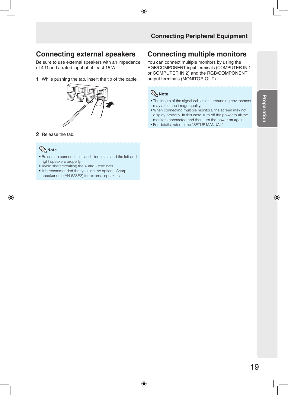 Connecting external speakers, Connecting multiple monitors, Connecting peripheral equipment | Sharp TL-M5200 User Manual | Page 21 / 76