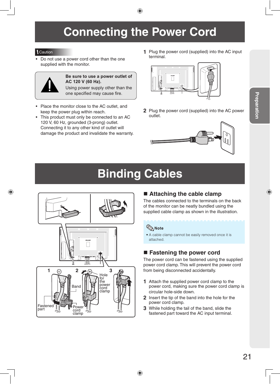 Connecting the power cord, Binding cables | Sharp TL-M5200 User Manual | Page 23 / 76