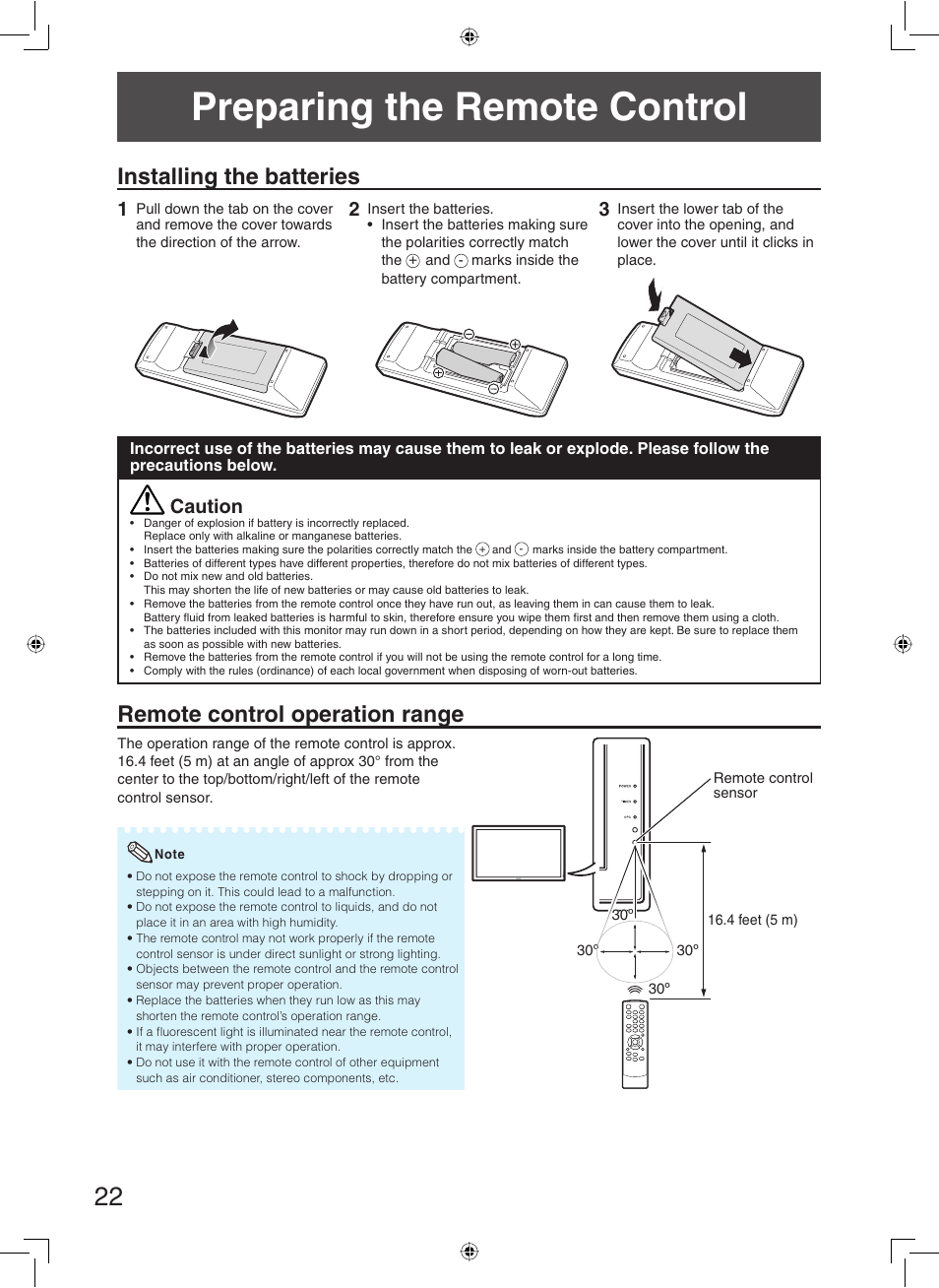 Preparing the remote control, Installing the batteries, Remote control operation range | Caution | Sharp TL-M5200 User Manual | Page 24 / 76