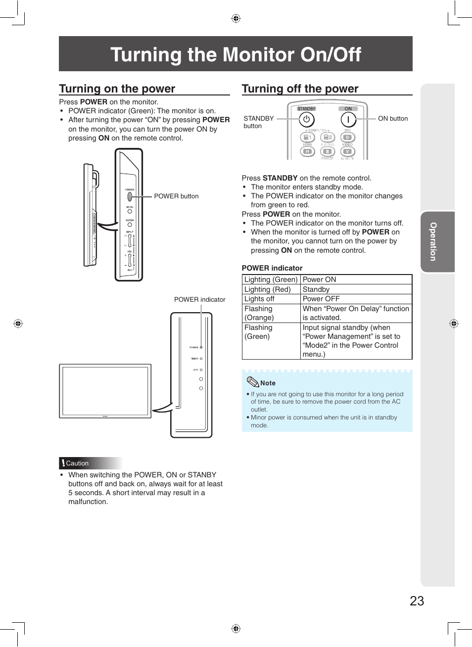 Turning the monitor on/off, Turning on the power, Turning off the power | Sharp TL-M5200 User Manual | Page 25 / 76