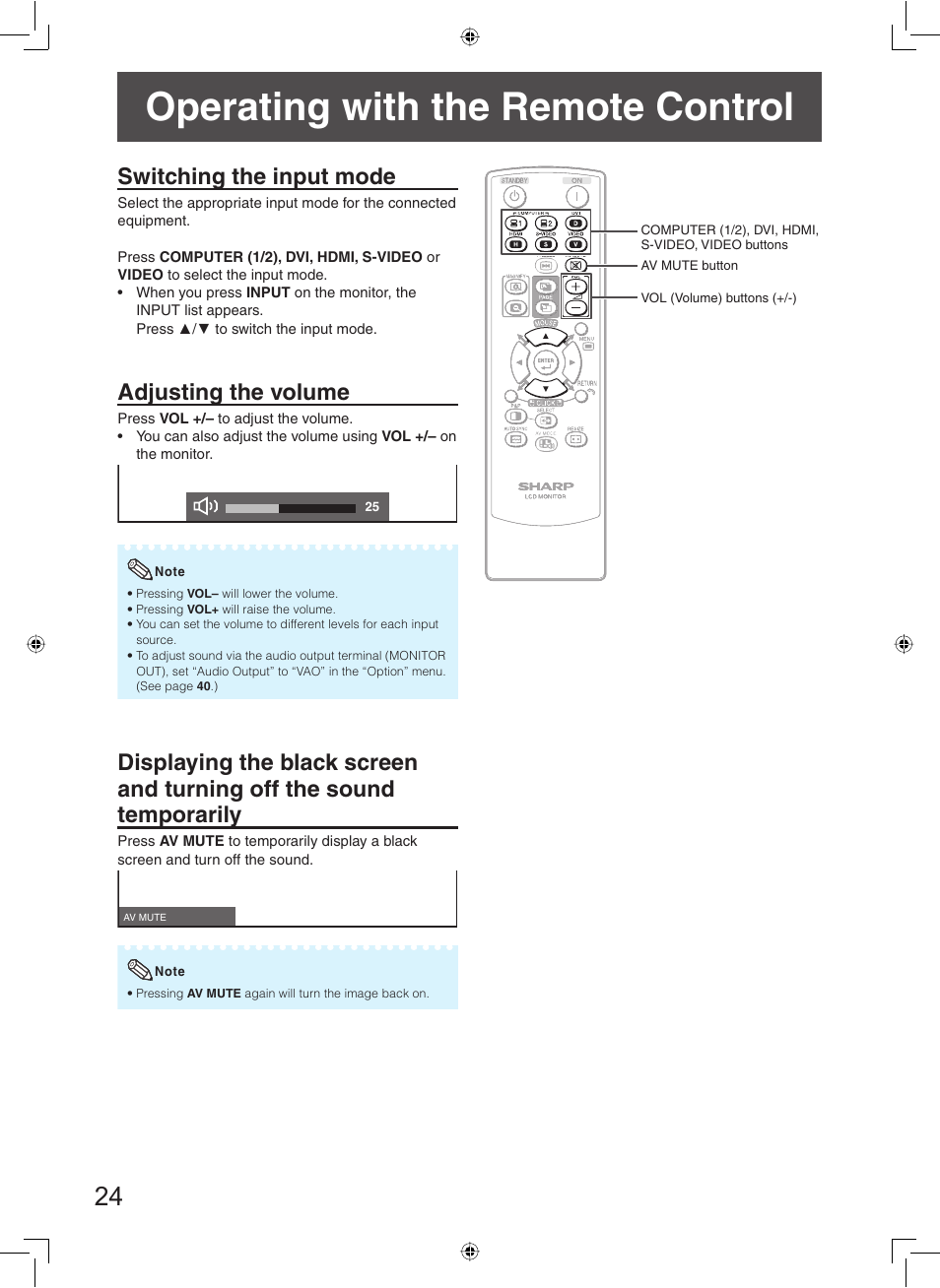 Operating with the remote control, Switching the input mode, Adjusting the volume | Sharp TL-M5200 User Manual | Page 26 / 76