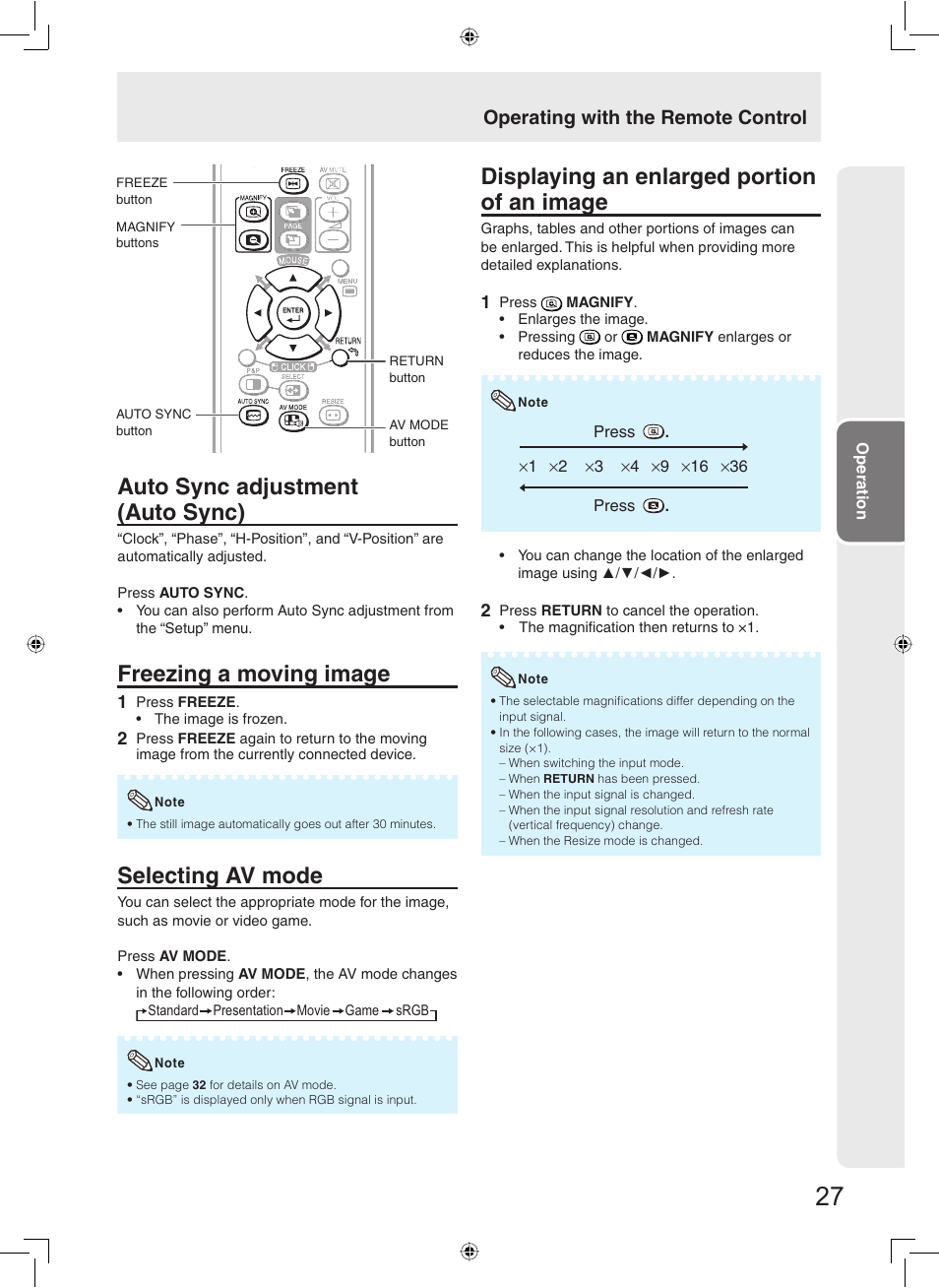 Auto sync adjustment (auto sync), Freezing a moving image, Selecting av mode | Displaying an enlarged portion of an image, Operating with the remote control | Sharp TL-M5200 User Manual | Page 29 / 76