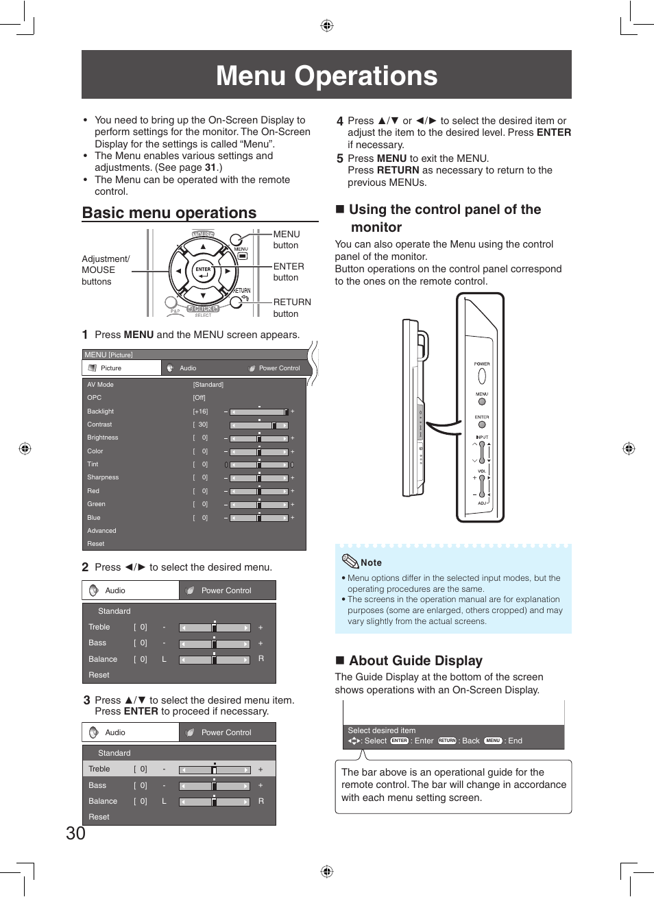 Menu operations, Basic menu operations, Using the control panel of the monitor | About guide display | Sharp TL-M5200 User Manual | Page 32 / 76
