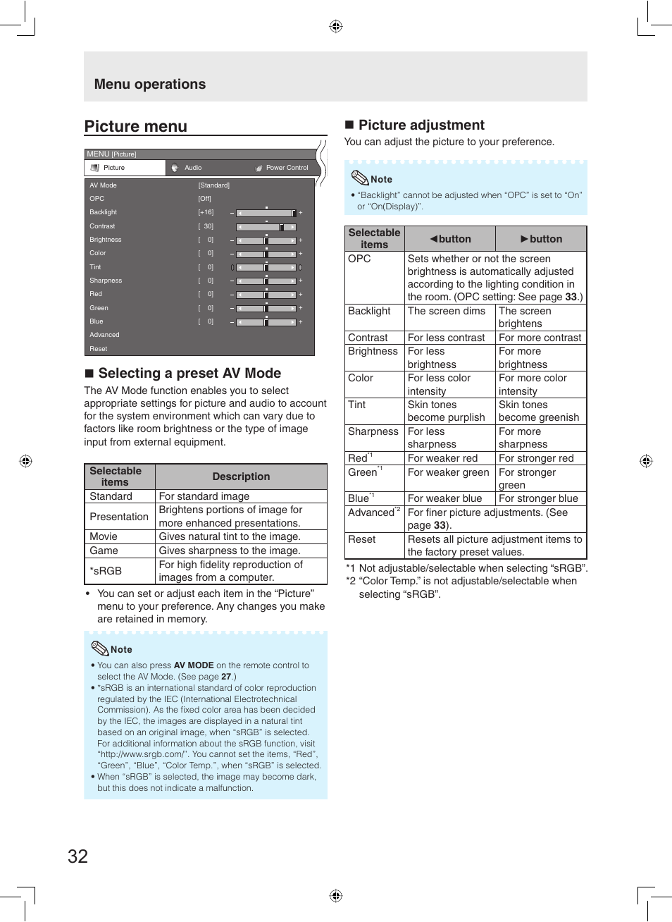 Picture menu, Selecting a preset av mode, Picture adjustment | Menu operations | Sharp TL-M5200 User Manual | Page 34 / 76