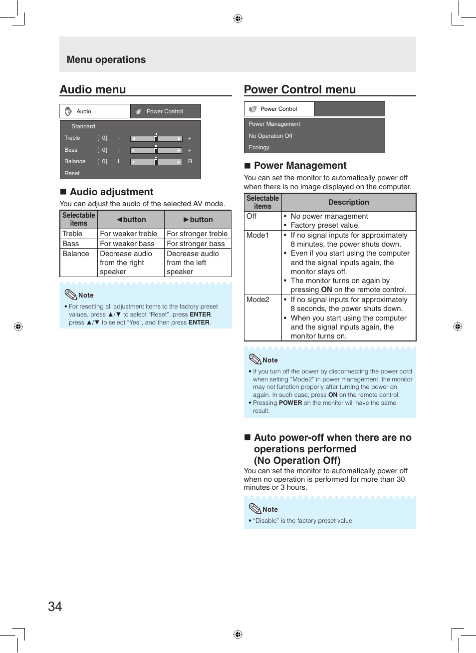 Audio menu, Power control menu, Audio adjustment | Power management, Menu operations | Sharp TL-M5200 User Manual | Page 36 / 76