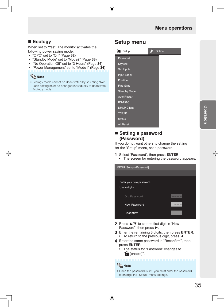 Setup menu, Ecology, Setting a password (password) | Menu operations | Sharp TL-M5200 User Manual | Page 37 / 76