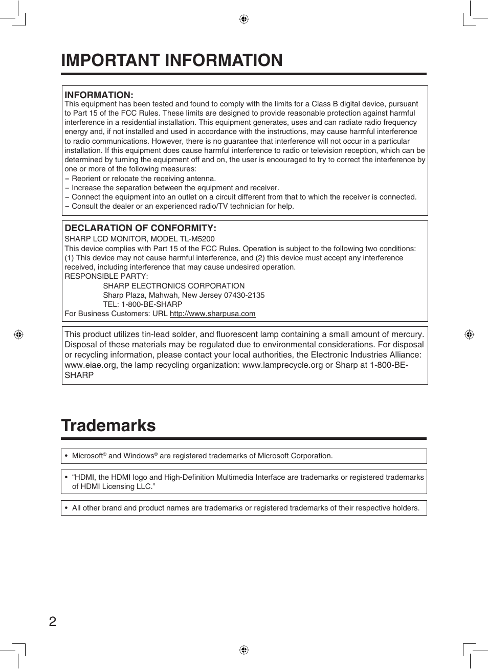 Important information trademarks | Sharp TL-M5200 User Manual | Page 4 / 76