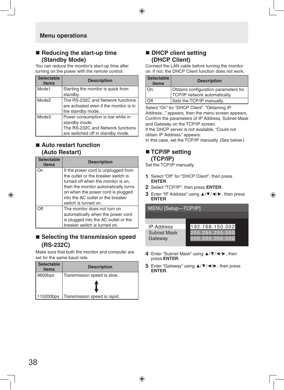 Reducing the start-up time (standby mode), Auto restart function (auto restart), Selecting the transmission speed (rs-232c) | Dhcp client setting (dhcp client), Tcp/ip setting (tcp/ip), Menu operations | Sharp TL-M5200 User Manual | Page 40 / 76