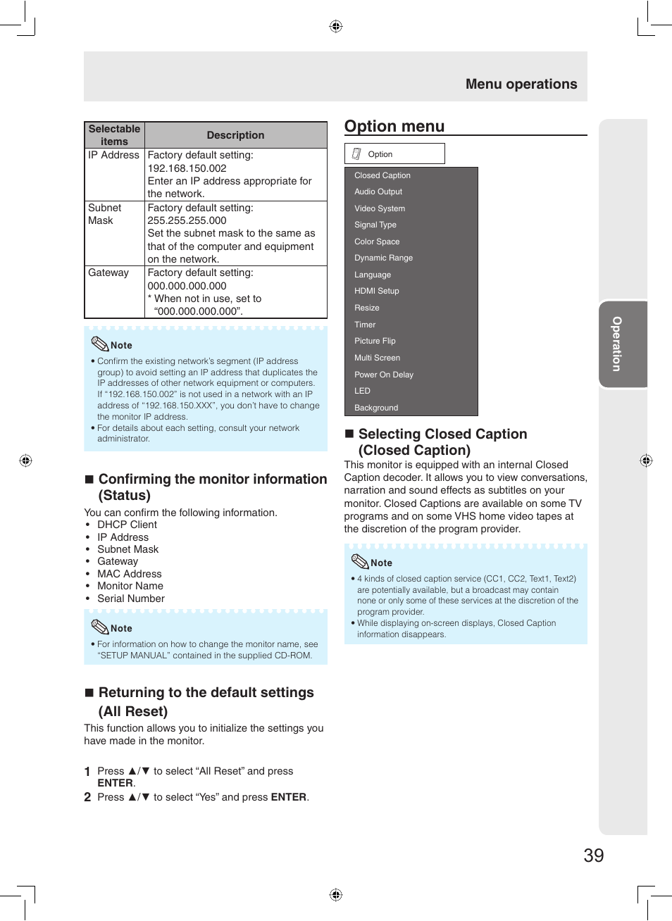 Option menu, Confi rming the monitor information (status), Returning to the default settings (all reset) | Selecting closed caption (closed caption), Menu operations | Sharp TL-M5200 User Manual | Page 41 / 76