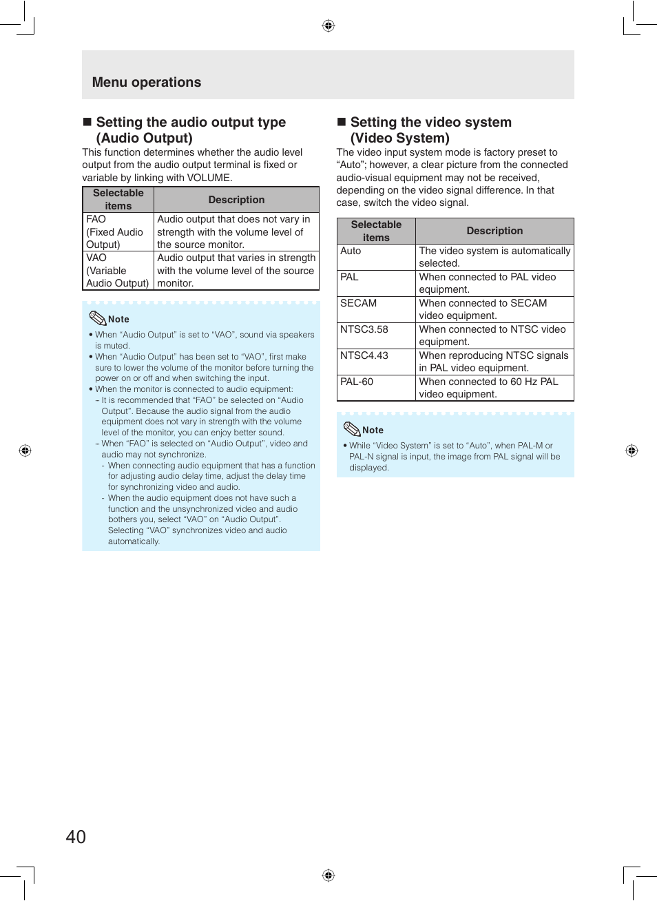 Setting the audio output type (audio output), Setting the video system (video system), Menu operations | Sharp TL-M5200 User Manual | Page 42 / 76