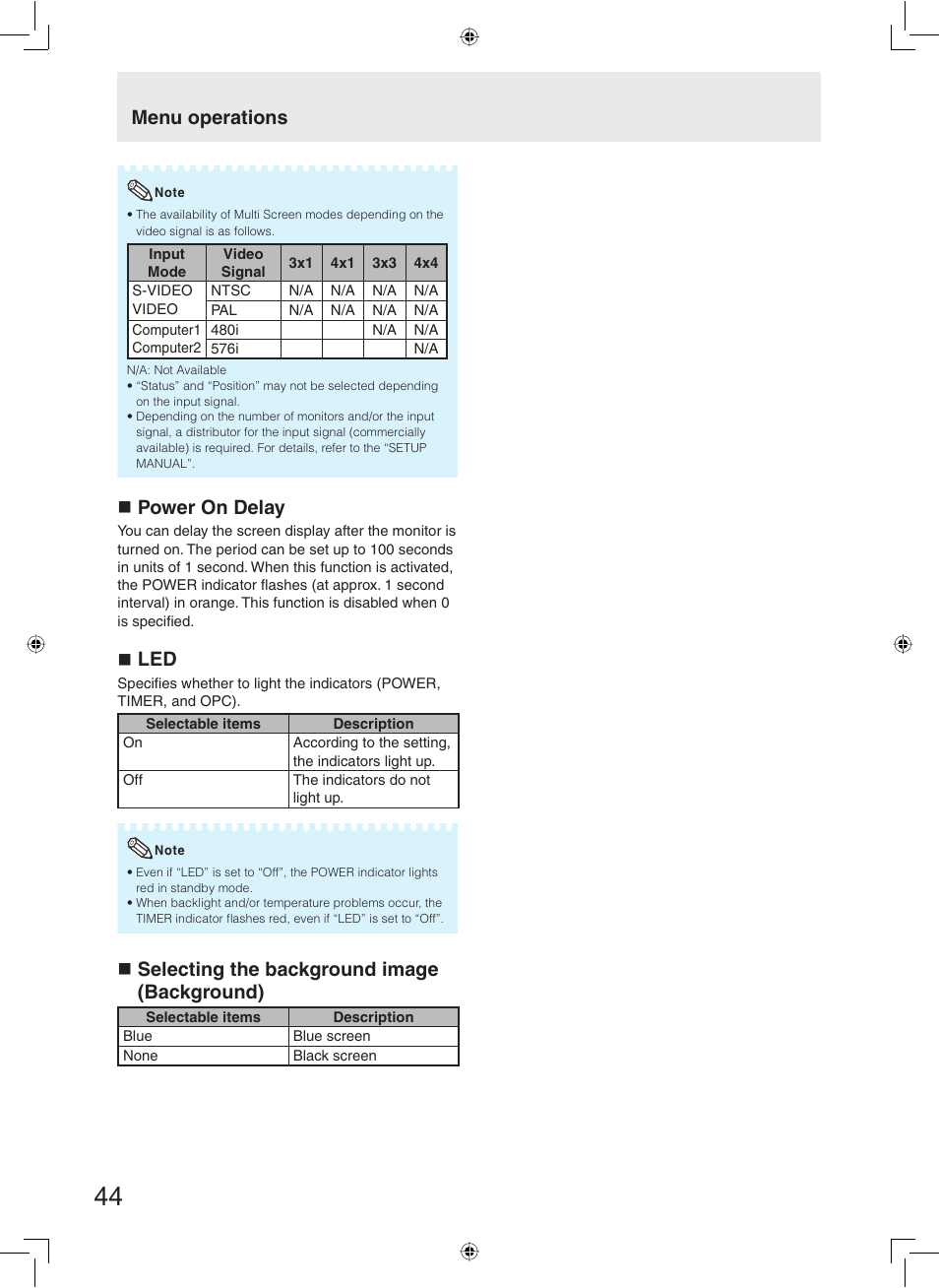 Power on delay, Selecting the background image (background), Menu operations | Sharp TL-M5200 User Manual | Page 46 / 76