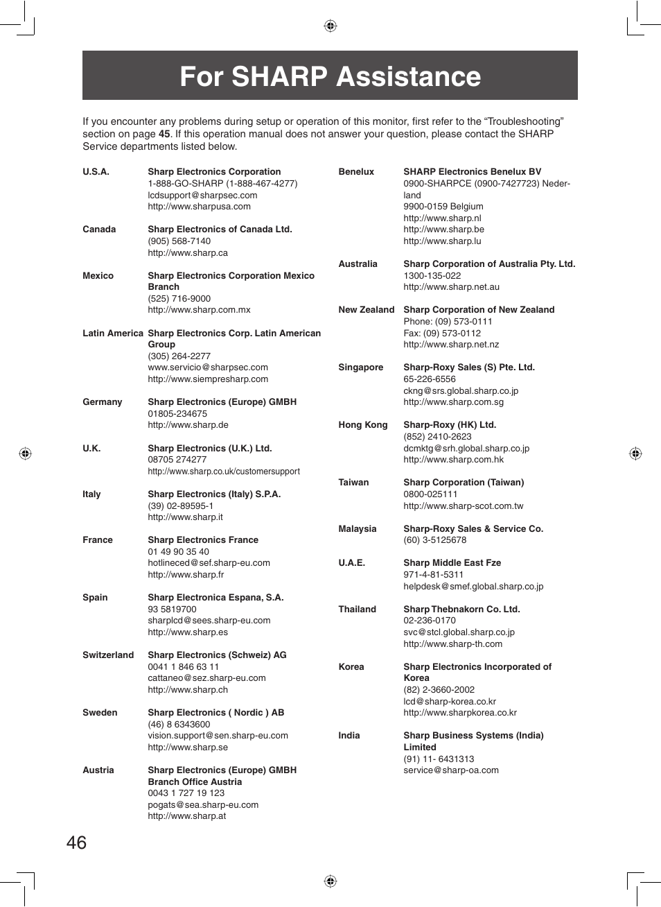 For sharp assistance | Sharp TL-M5200 User Manual | Page 48 / 76