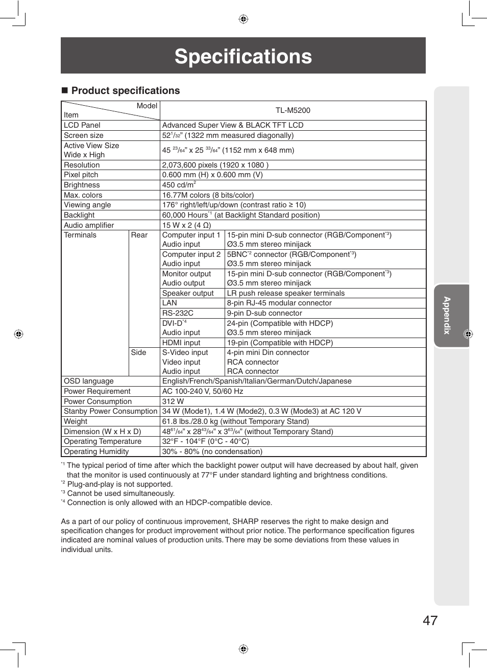 Specifi cations, Product specifi cations | Sharp TL-M5200 User Manual | Page 49 / 76