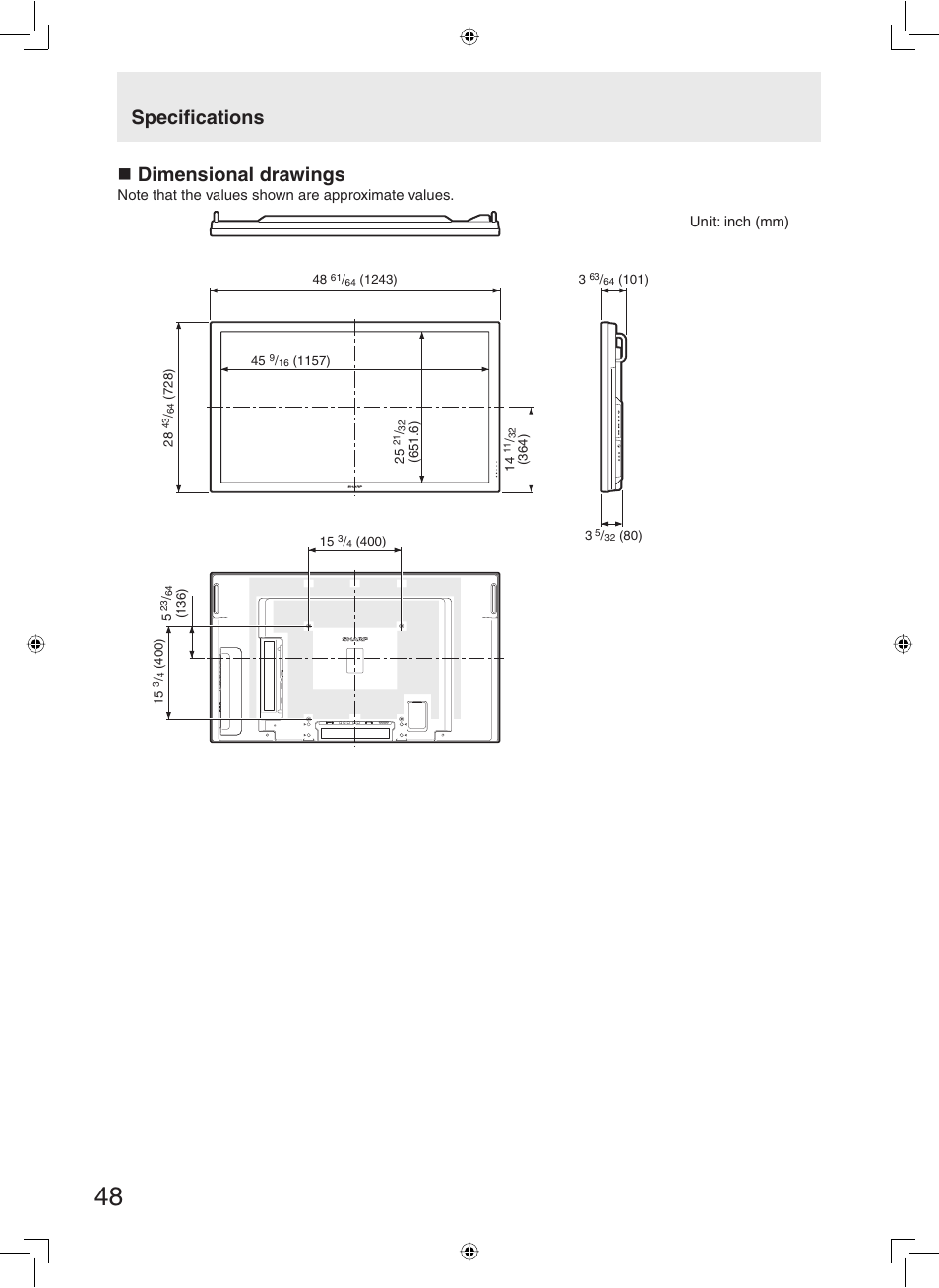 Specifi cations  dimensional drawings | Sharp TL-M5200 User Manual | Page 50 / 76