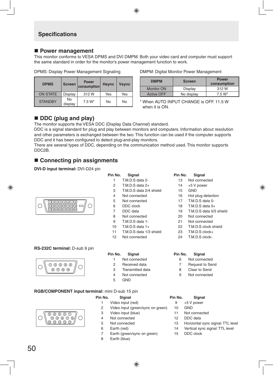 Specifi cations  power management, Ddc (plug and play), Connecting pin assignments | Sharp TL-M5200 User Manual | Page 52 / 76