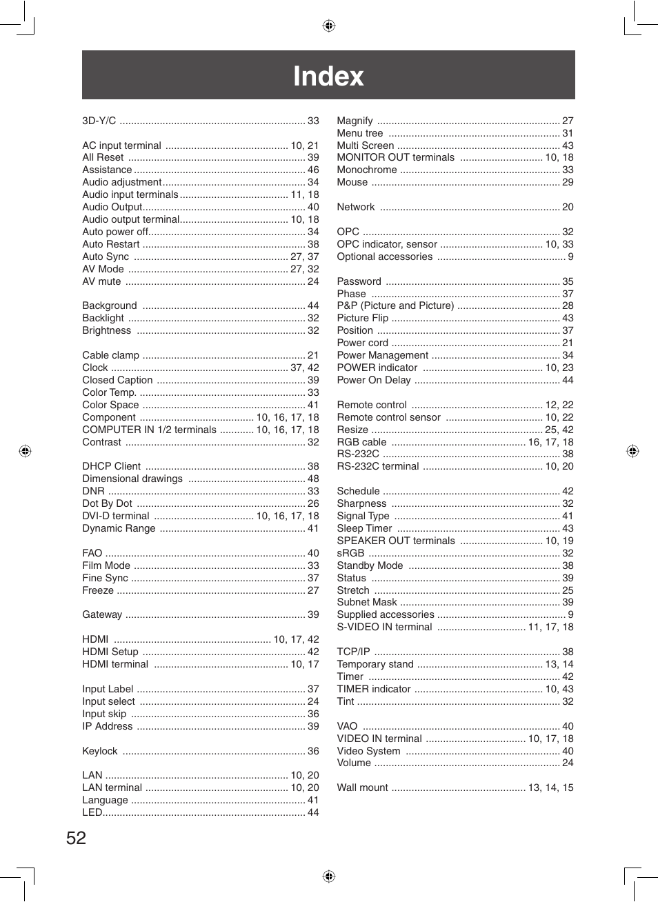 Index | Sharp TL-M5200 User Manual | Page 54 / 76