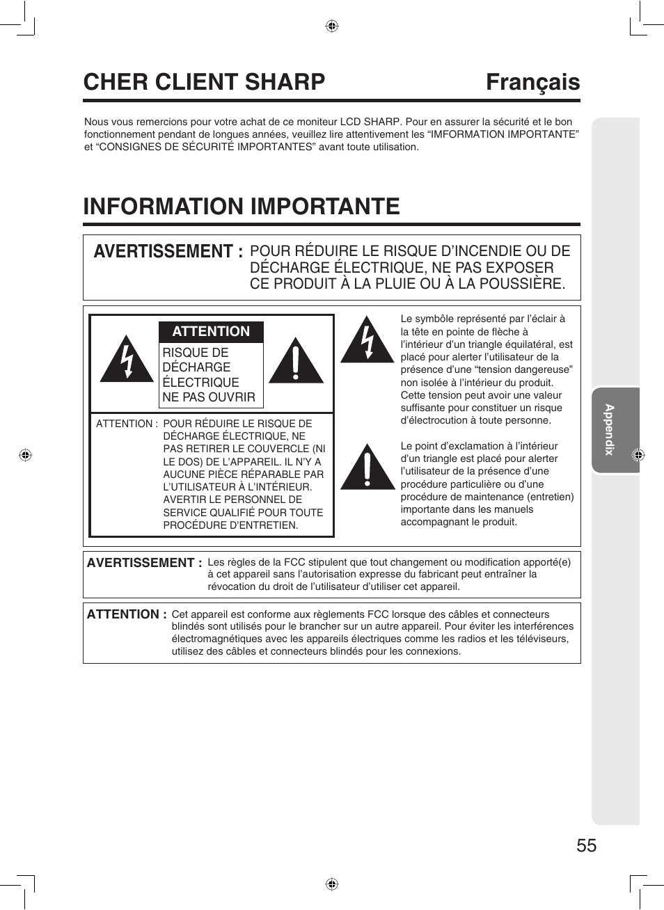 Information importante, Cher client sharp français, Avertissement | Sharp TL-M5200 User Manual | Page 57 / 76