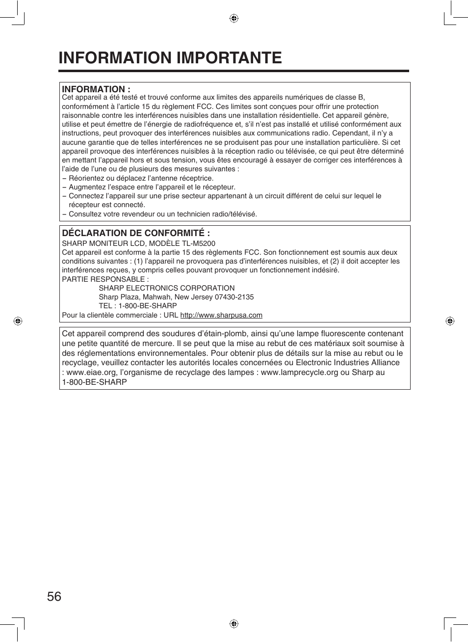 Information importante | Sharp TL-M5200 User Manual | Page 58 / 76