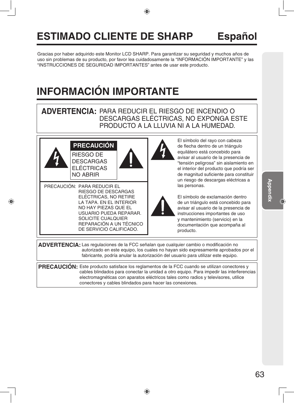 Información importante, Estimado cliente de sharp español, Advertencia | Sharp TL-M5200 User Manual | Page 65 / 76