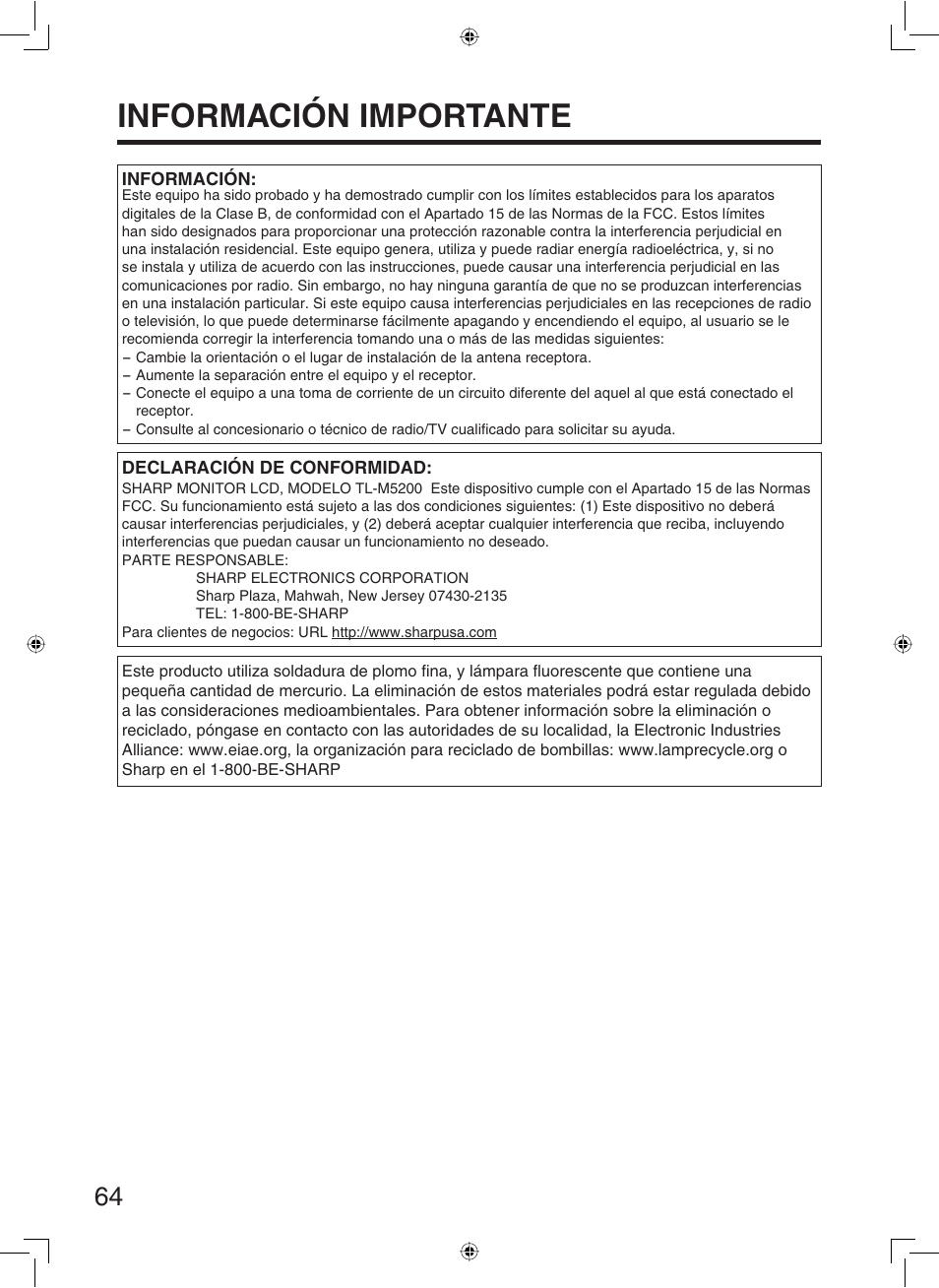 Información importante | Sharp TL-M5200 User Manual | Page 66 / 76