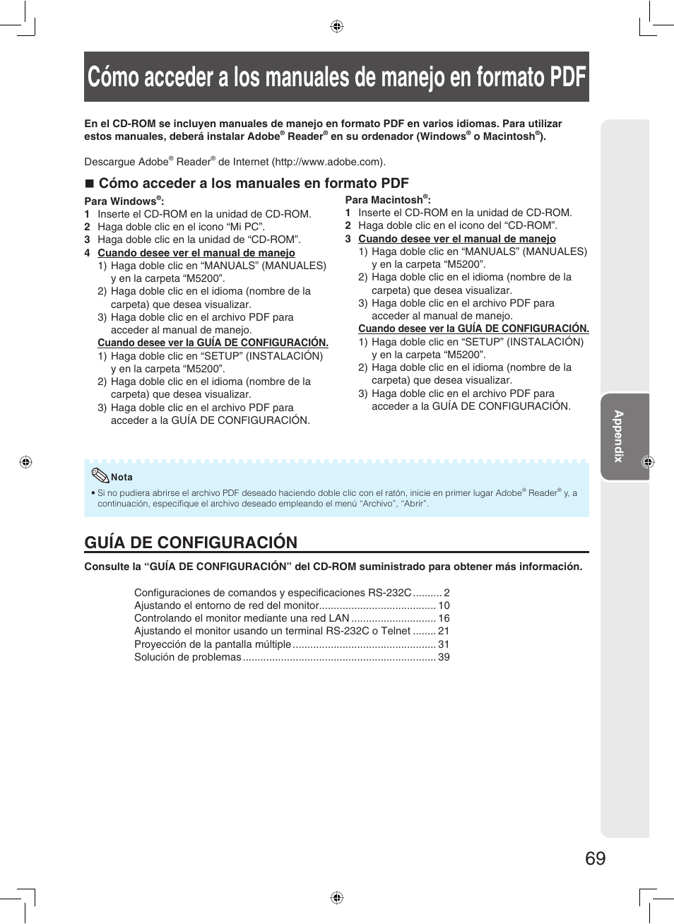 Guía de configuración, Cómo acceder a los manuales en formato pdf | Sharp TL-M5200 User Manual | Page 71 / 76