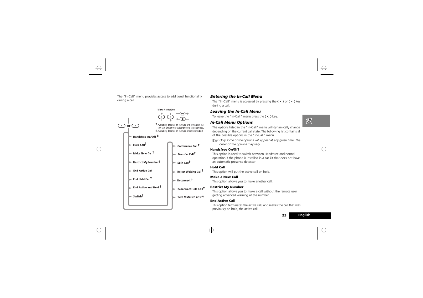 In-call menu | Motorola M3588 User Manual | Page 25 / 76