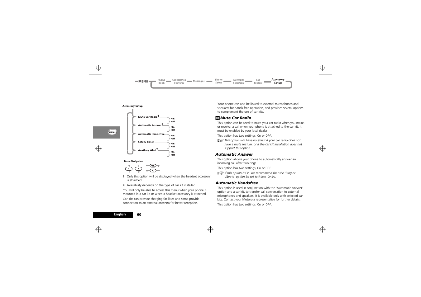 Accessory setup menu | Motorola M3588 User Manual | Page 62 / 76