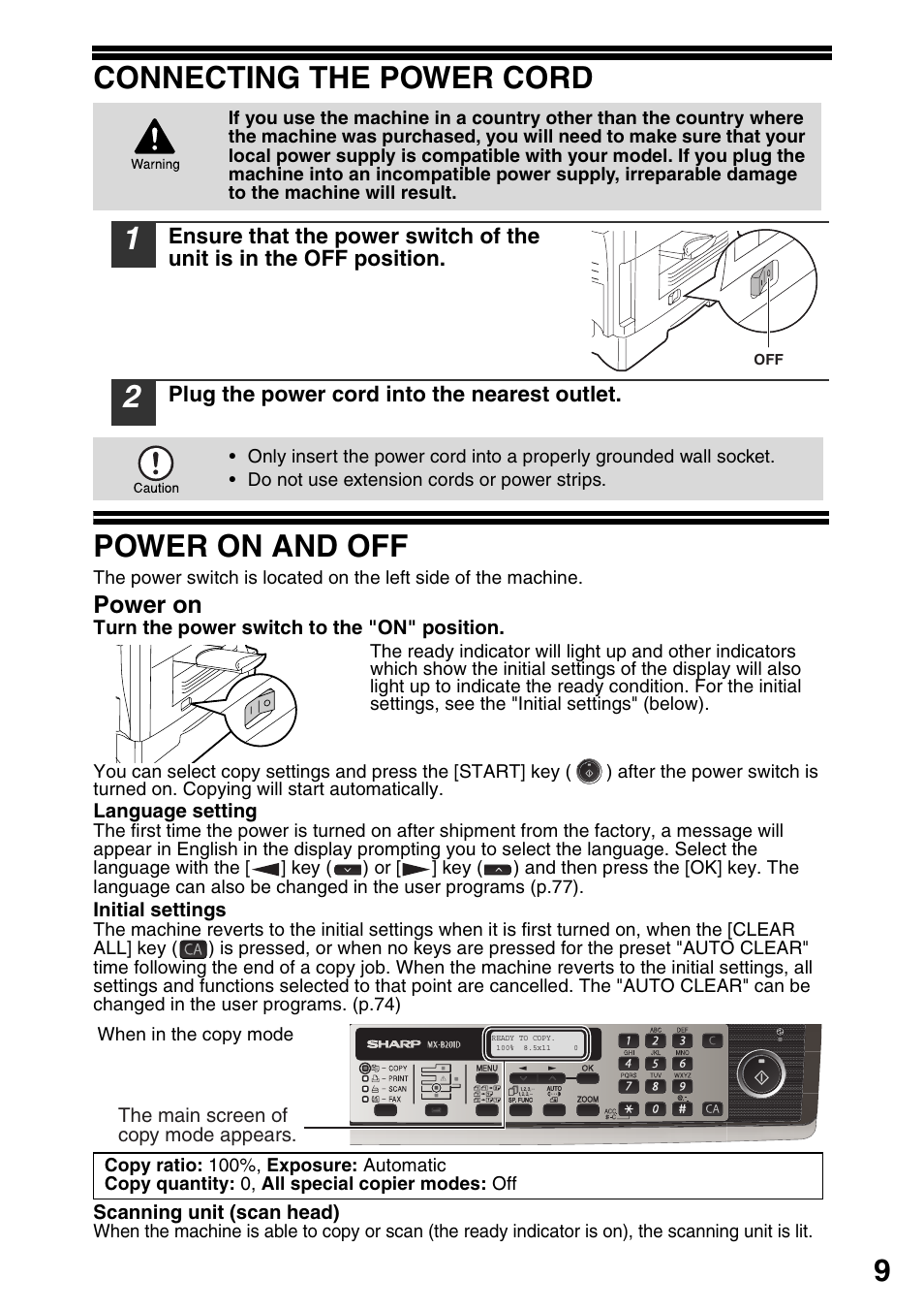 Connecting the power cord, Power on and off, Connecting the power cord power on and off | 9connecting the power cord | Sharp MX-B201D User Manual | Page 10 / 115